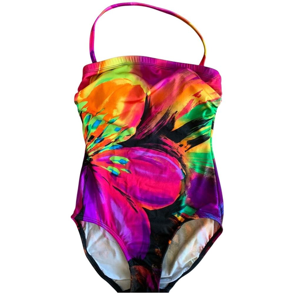 LONGITUDE SWIMSUIT ONE PC BOLD FLORAL ATTACH HALTER STRAP SIZE 8 - Picture 2 of 7